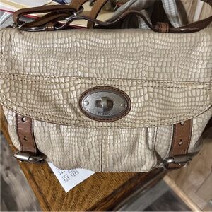 Fossil Textured Cream and Tan Crossbody Bag